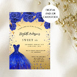 Sweet 16 royal blue gold glitter dress florals invitation<br><div class="desc">A modern,  stylish and glamourous invitation for a Sweet 16,  16th birthday party.  A faux gold background with faux blue sparkles and a royal blue dress and roses,  florals.  The name is written with a modern hand lettered style script.  Personalize and add your party details.</div>