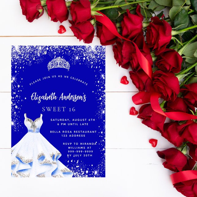 Sweet 16 royal blue silver dress tiara glamourous invitation (Creator Uploaded)