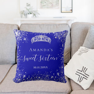 Sweet 16 royal blue silver glitter tiara name throw pillow