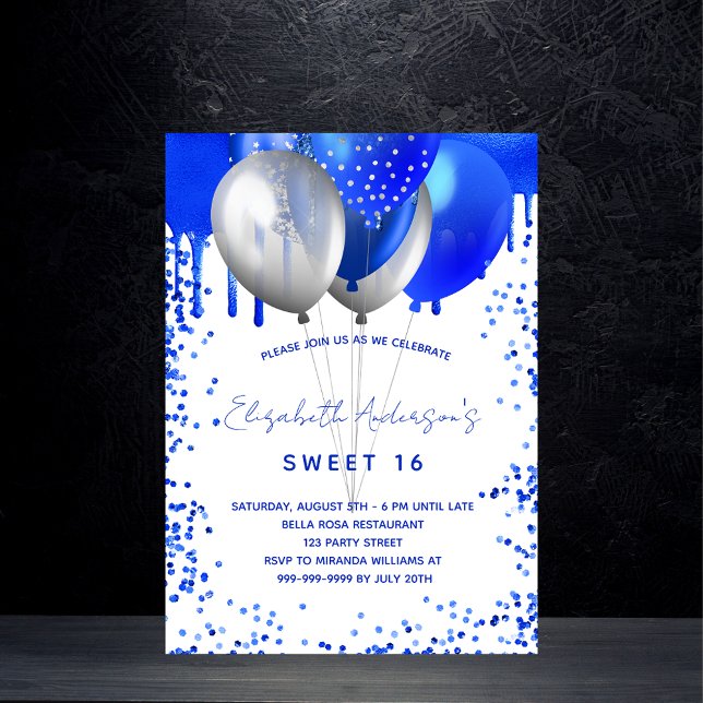 Sweet 16 royal blue white balloons glitter drips invitation postcard (Creator Uploaded)