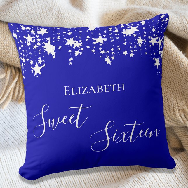 Sweet 16 royal blue white stars name throw pillow (Creator Uploaded)
