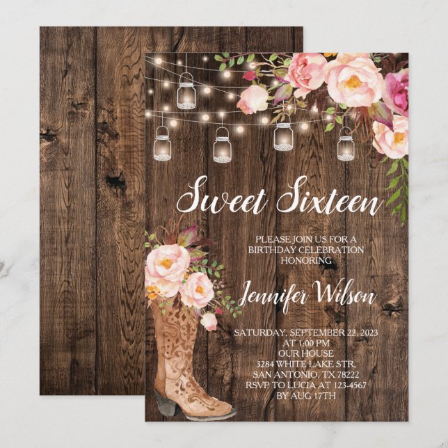 Sweet 16 Rustic Boho Floral String Lights Invitation (Front/Back)
