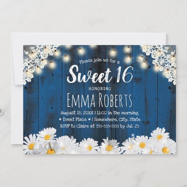 Sweet 16 Rustic Daisy Flowers String Lights Navy Invitation (Front)