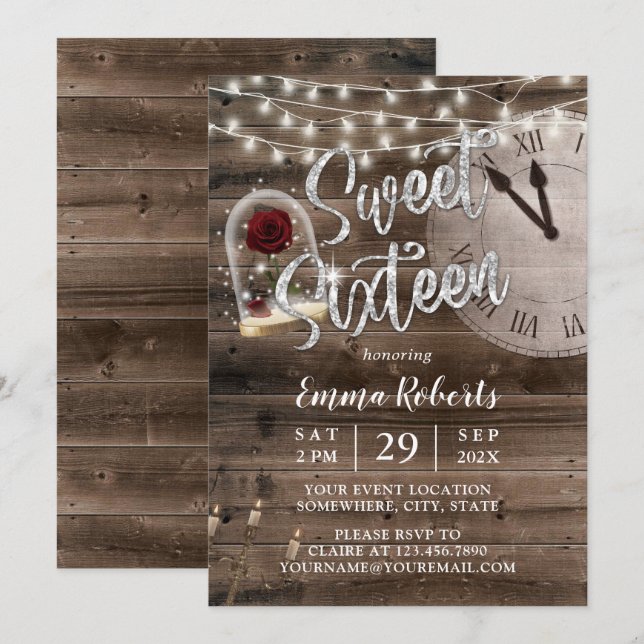 Sweet 16 Rustic Fairytale Barn Wood Birthday Party Invitation (Front/Back)