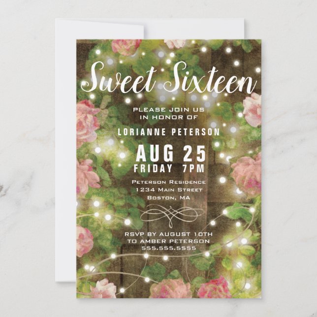 Sweet 16 Rustic Floral String Light Birthday Party Invitation (Front)