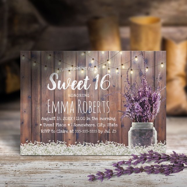 Sweet 16 Rustic Lavender Floral Jar String Lights Invitation (Creator Uploaded)