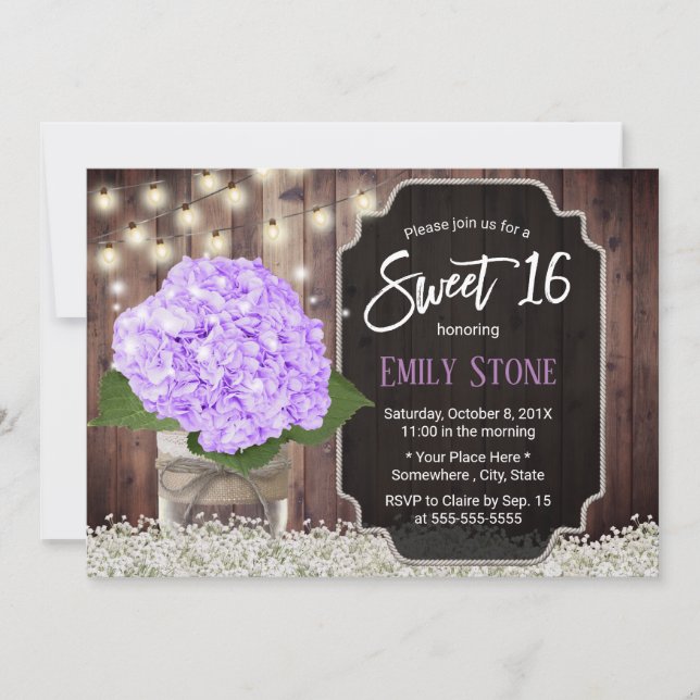 Sweet 16 Rustic Purple Hydrangea Flower Mason Jar Invitation (Front)