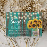 Sweet 16 Rustic Sunflower Jar Teal Barn Wood Invitation<br><div class="desc">Rustic Sunflower Floral Jar Teal Barn Wood & String Lights Sweet 16 Invitations.</div>