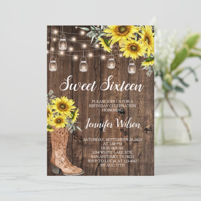 Sweet 16 Rustic Sunflowers String Lights Invitation (Standing Front)
