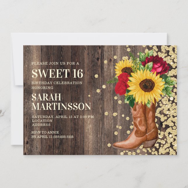 Sweet 16 Rustic Wood Boots Sunflowers Red Roses Invitation (Front)