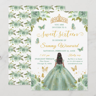 Sweet 16 Sage Green Princess African American Girl Invitation