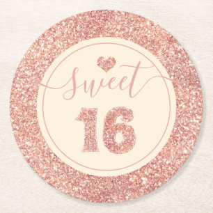 Sweet 16 Salmon Pink Faux Glitter Birthday Party Round Paper Coaster