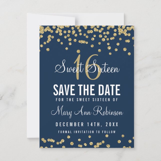 Sweet 16 "Save Date" Gold Glitter Confetti Navy Save The Date (Front)