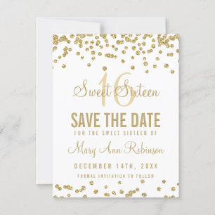 Sweet 16 "Save Date" Gold Glitter Confetti White Save The Date