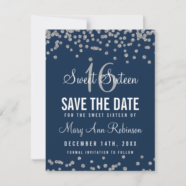 Sweet 16 Save Date Silver Glitter Confetti Navy Save The Date (Front)