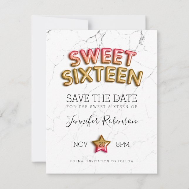 Sweet 16 Save The Date Blush Gold Balloons Glitter (Front)