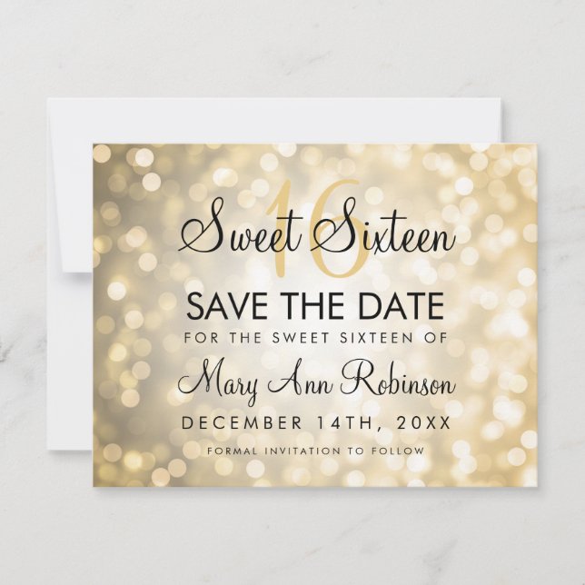 Sweet 16 Save The Date Gold Glitter Lights (Front)