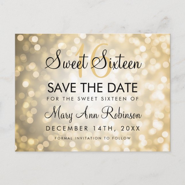 Sweet 16 Save The Date Gold Glitter Lights Announcement Postcard (Front)