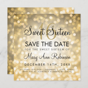 Sweet 16 Save The Date Gold Glitter Lights Invitation