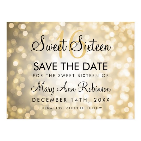 Sweet 16 Save The Date Gold Glitter Lights Postcard