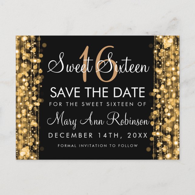 Sweet 16 Save The Date Party Sparkles Gold Announcement Postcard (Front)