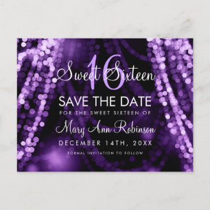 Sweet 16 "Save The Date" Purple String Lights Announcement Postcard