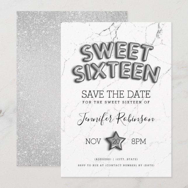 Sweet 16 Save The Date Silver Balloons Glitter Invitation (Front/Back)