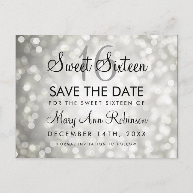 Sweet 16 Save The Date Silver Glitter Lights Announcement Postcard (Front)