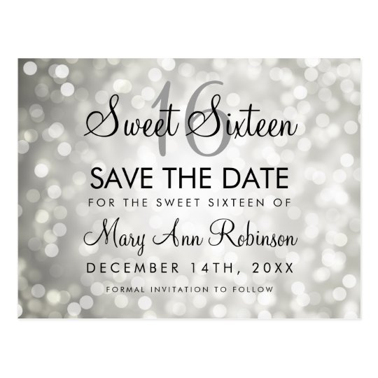 Sweet 16 Save The Date Silver Glitter Lights Postcard