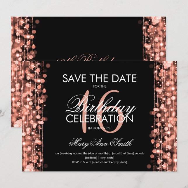 Sweet 16 "Save The Date" Sparkles Rose Gold Invitation (Front/Back)