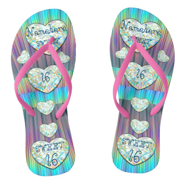 Sweet 16 Shoes Neon Diamond hearts! ADD NAME! Flip Flops (Footbed)
