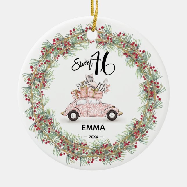 Sweet 16 Signature Script Car Greenery Ceramic Ornament (Front)