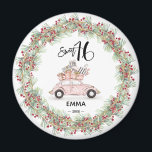 Sweet 16 Signature Script Car Greenery Holiday Magnet<br><div class="desc">Sweet 16 Signature Script Car Greenery Holiday magnet. Make your daughter's Sweet 16 memorable. This round ornament features a handwritten signature script and watercolor hand-painted vintage pink holiday car bordered with a greenery wreath. The photo, colour of the fonts, and typeface can be customized by clicking on personalize. Custom orders...</div>