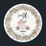 Sweet 16 Signature Script Car Greenery Holiday Magnet<br><div class="desc">Sweet 16 Signature Script Car Greenery Holiday magnet. Make your daughter's Sweet 16 memorable. This round ornament features a handwritten signature script and watercolor hand-painted vintage pink holiday car bordered with a greenery wreath. The photo, colour of the fonts, and typeface can be customized by clicking on personalize. Custom orders...</div>