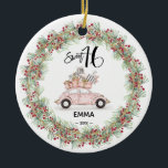 Sweet 16 Signature Script Car Photo Greenery Ceramic Ornament<br><div class="desc">Sweet 16 Signature Script Car Photo Greenery Ceramic Ornament. Make your daughter's Sweet 16 memorable. This round ornament features a handwritten signature script and watercolor hand-painted vintage pink holiday car bordered with a greenery wreath. The photo, colour of the fonts, and typeface can be customized by clicking on personalize. Custom...</div>