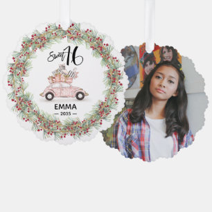 Sweet 16 Signature Script Car Photo Greenery Ornament Card