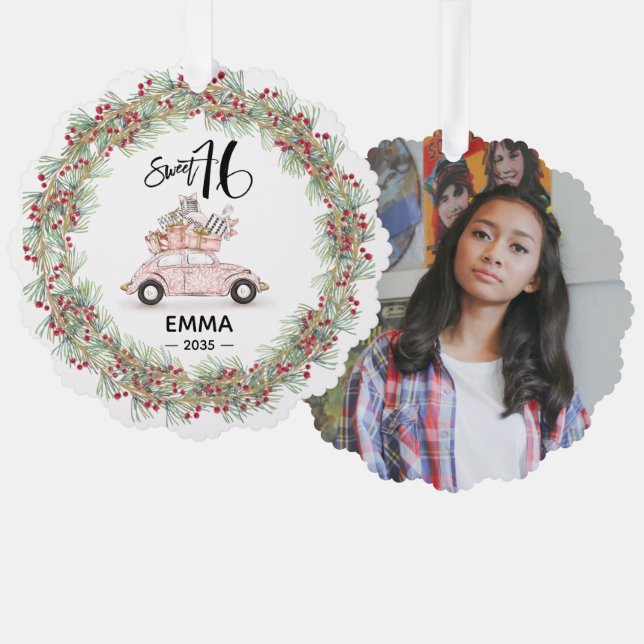 Sweet 16 Signature Script Car Photo Greenery Ornament Card (Front/Back)