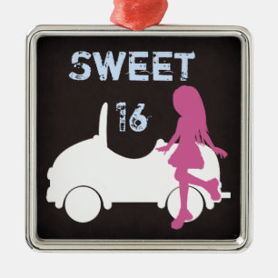 Sweet 16 Silhouette Girl and Car ~ Pink and Blue Metal Ornament