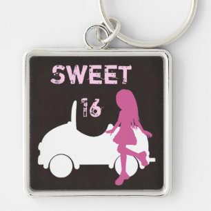 Sweet 16 Silhouette Girl and Car Pink and Brown Keychain