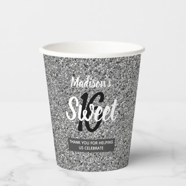 Sweet 16 Silver Black Glitter Personalized Paper Cups (Front)