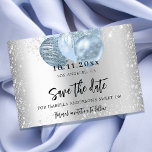 Sweet 16 silver blue balloons sparkles script save the date<br><div class="desc">A girly and trendy Save the Date card for a Sweet 16, 16th birthday party. A faux silver looking background decorated with faux silver glitter dust and blue balloons. Personalize and add a date and name/age. The text: Save the Date is written with a large trendy hand lettered style script....</div>
