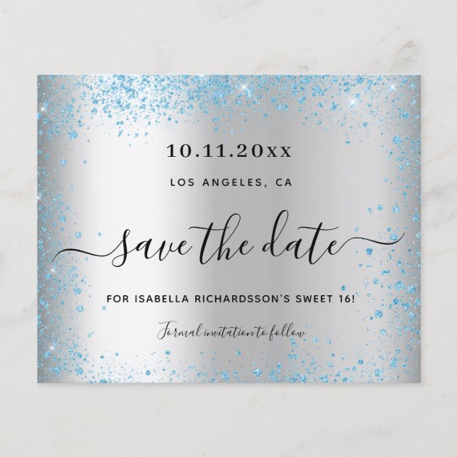 Sweet 16 silver blue budget save the date flyer (Front)