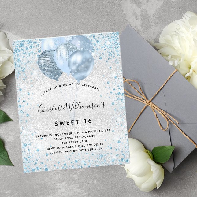 Sweet 16 silver blue glitter budget invitation flyer (Creator Uploaded)