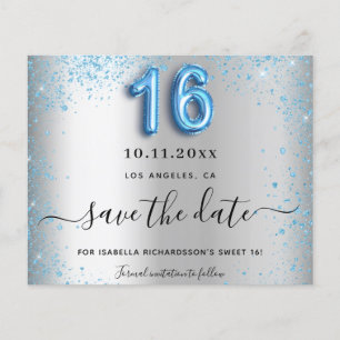 Sweet 16 silver blue glitter budget save the date flyer