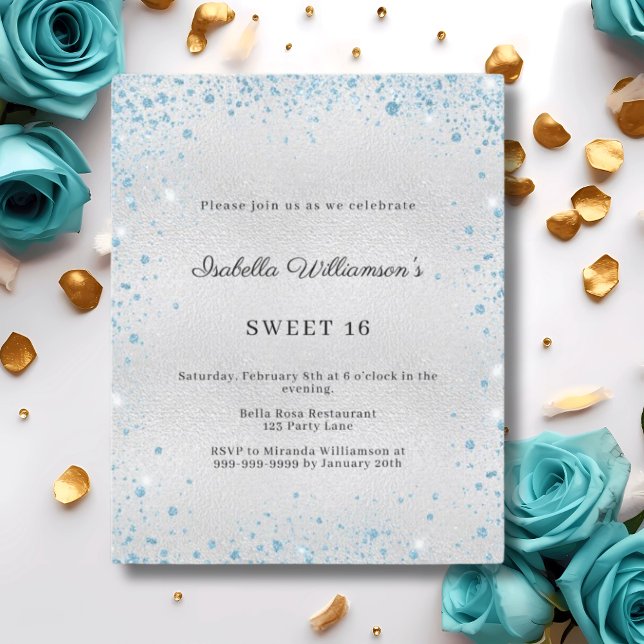 Sweet 16 silver blue glitter party invitation (Creator Uploaded)