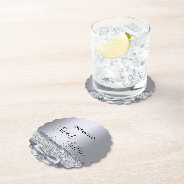 Sweet 16 silver bow elegant party paper coaster (Insitu)
