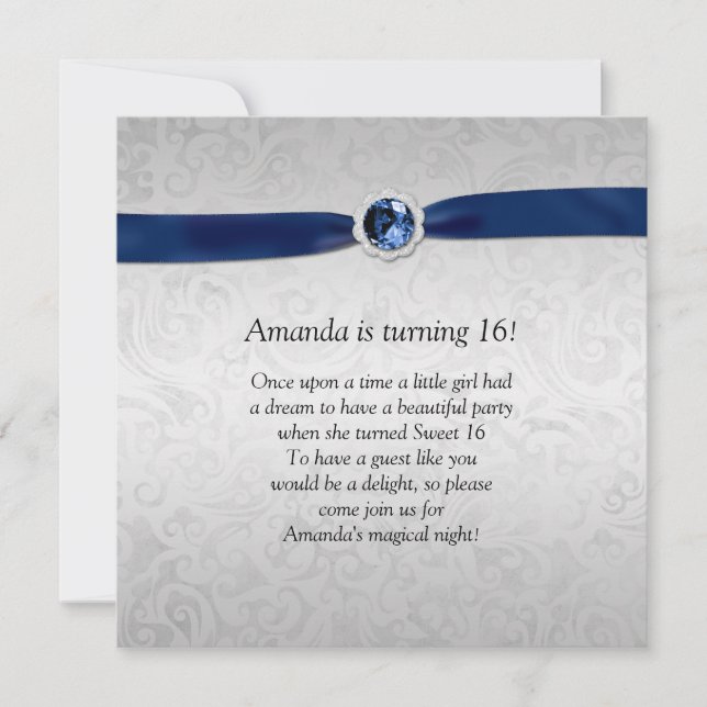 Sweet 16 Silver Damask Blue Ribbon  Gemstone Invitation (Front)