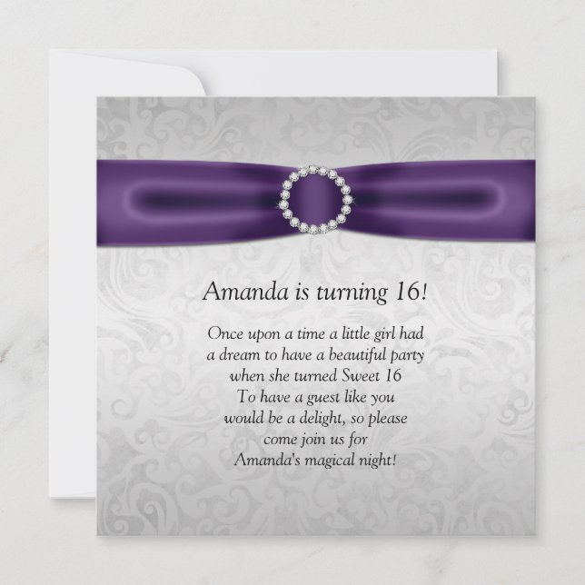 Sweet 16 Silver Damask Purple Ribbon Diamonds Invitation (Front)