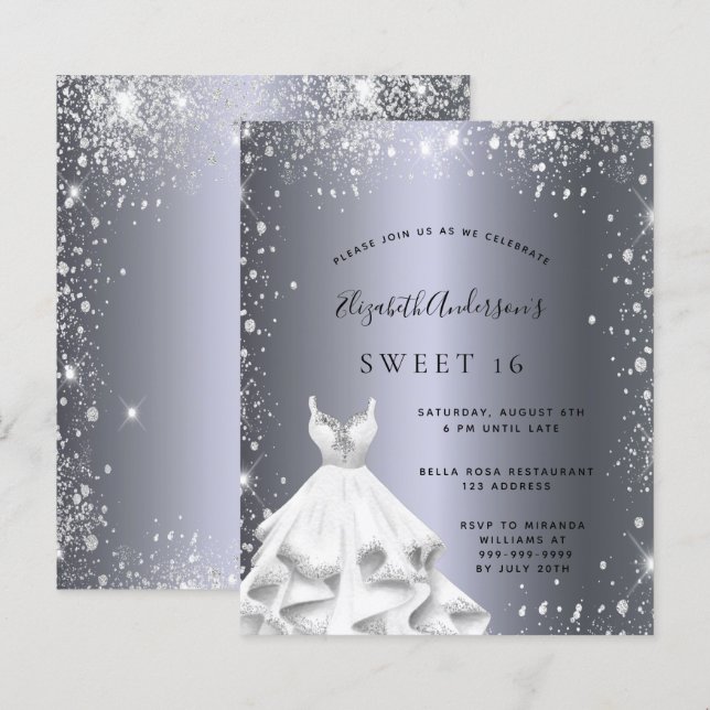 Sweet 16 silver dress glitter invitation (Front/Back)