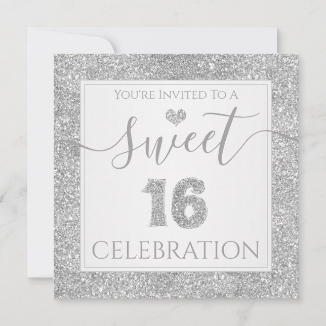 Sweet 16 Silver Faux Glitter Birthday Party Invitation (Front)